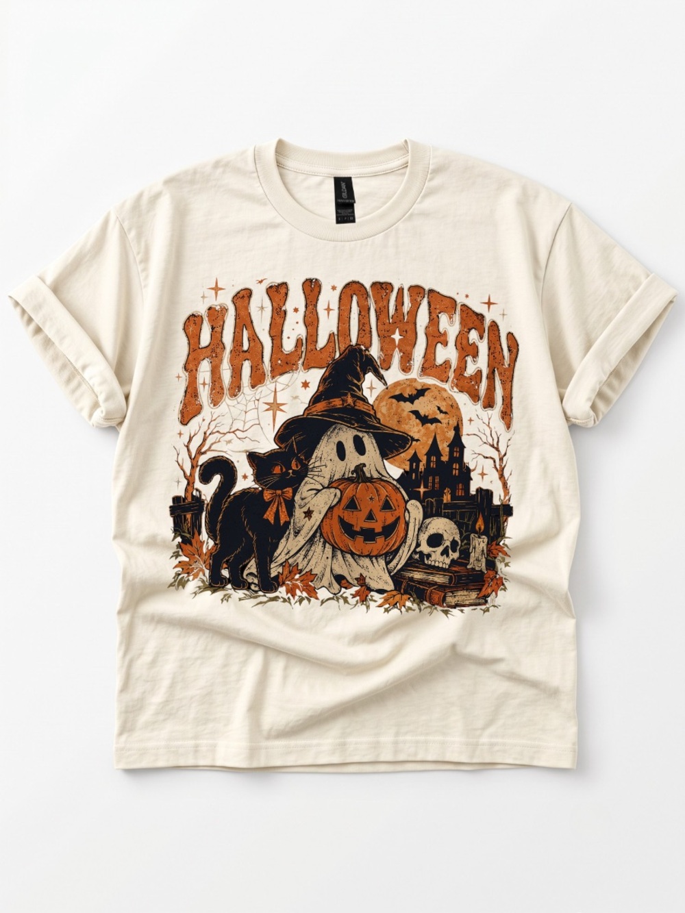 Gildan Cream Halloween Ghost & Pumpkin Graphic Tee with Black Cat
